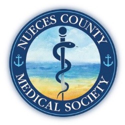 The logo for Nueces County Medical Society features a caduceus symbol over a beach scene, bordered by a blue circle with white text and two small anchor icons on each side.